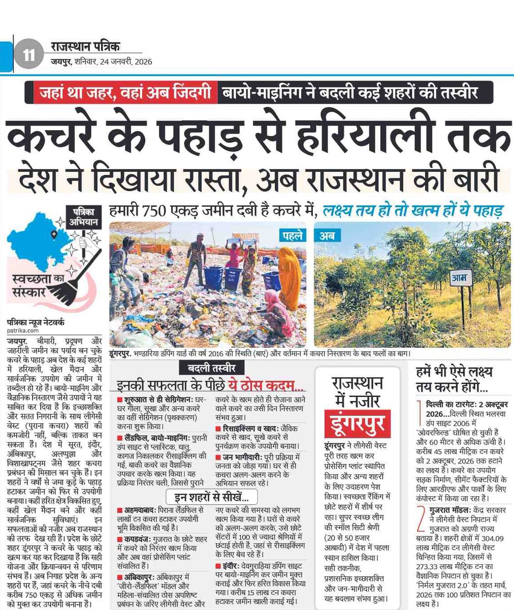 कचरे के पहाड़ से हरियाली तक का सफ़र अब हक़ीक़त बन चुका है।

देश ने रास्ता दिखाया है — अब राजस्थान में भी यह बदलाव तेज़ी से दिखेगा।

#NewsUpdate #PositiveNews #SwachhBharatMission
#BioMining #WasteManagement