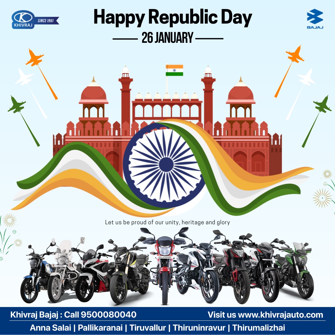 KHIVRAJBAJAJ's tweet image. “Tricolour in the sky, pride in the heart. Khivraj Bajaj wishes Happy Republic Day.”
Visit: Khivrajauto.com
#BajajPulsar #DefinitelyDaring #pulsaraddict #PulsarNation #RidePulsar #PulsarFamily #PulsarLovers #Pulsarvision #StreetRacer #ThrillMachine #PerformanceBeast