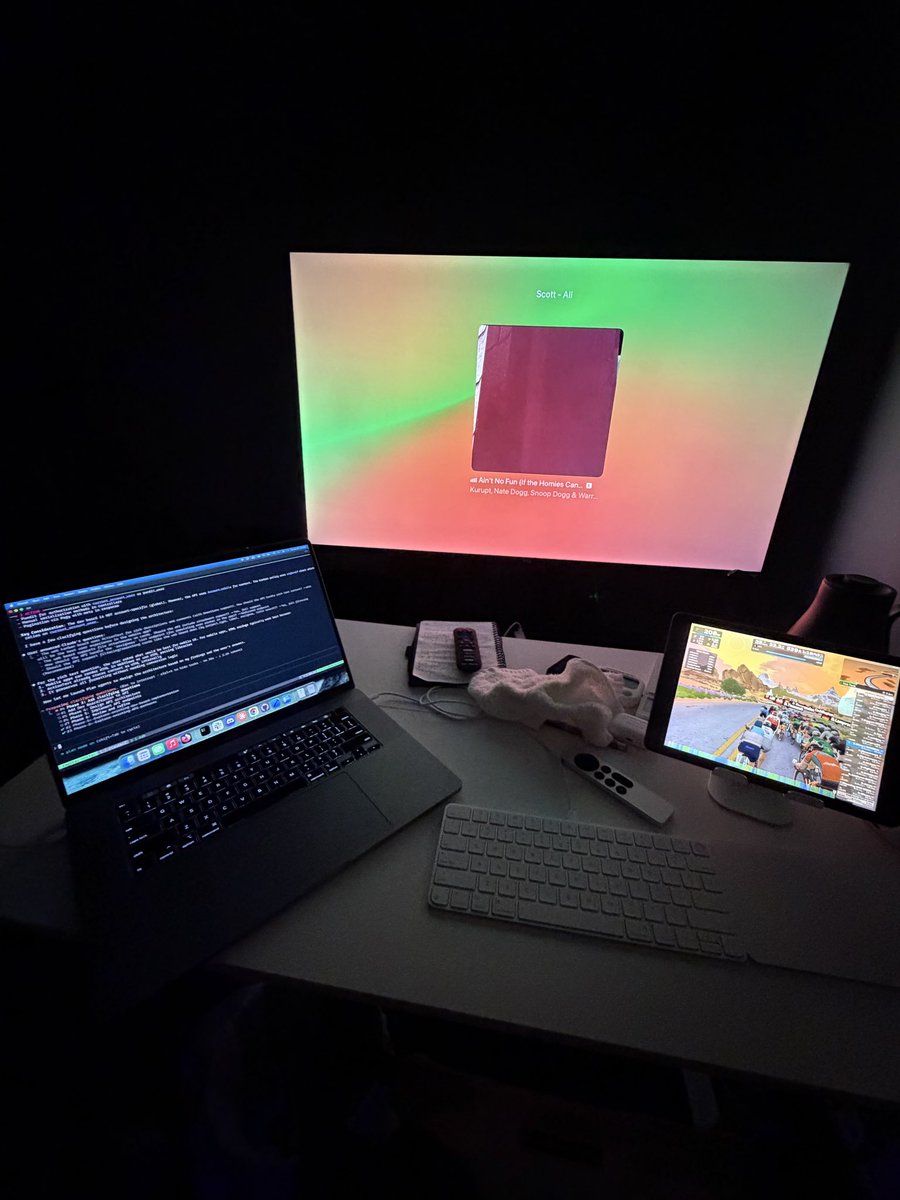 After today I will have ridden over 60 hours this month in front of these screens. Thanks to Claude Code I’ve been able to get a substantial amount of work done during…freeing up time on the weekends to watch football and take naps. Life is good. <a href="/GoZwift/">Zwift</a>