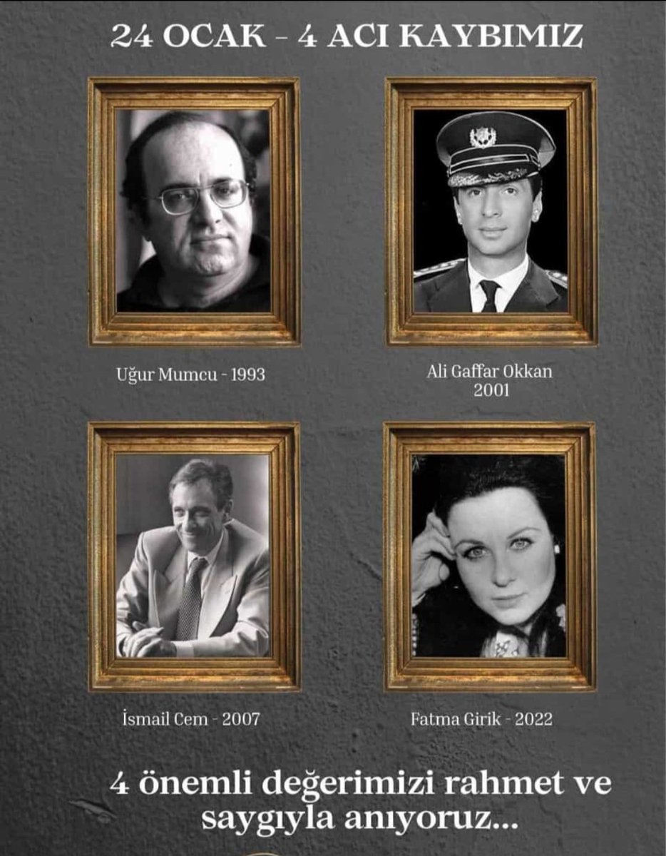 Seher75103964's tweet photo. Bakışlar erir, ömürler söner
Dünya yine,yine döner
O iyi insanlar o iyi atlara binip gittiler
Demirin tuncuna, insanın... kaldık
Rahmetle 🙏 🤲 🥀
Halkın gazetecisi #UgurMumcu
Halkın polisi #AliGaffarOkkan
Halkın sanatçısı #FatmaGirik
Eski dış işleri bakanımız #ismailcem https://t.co/ajaSXzqdsy