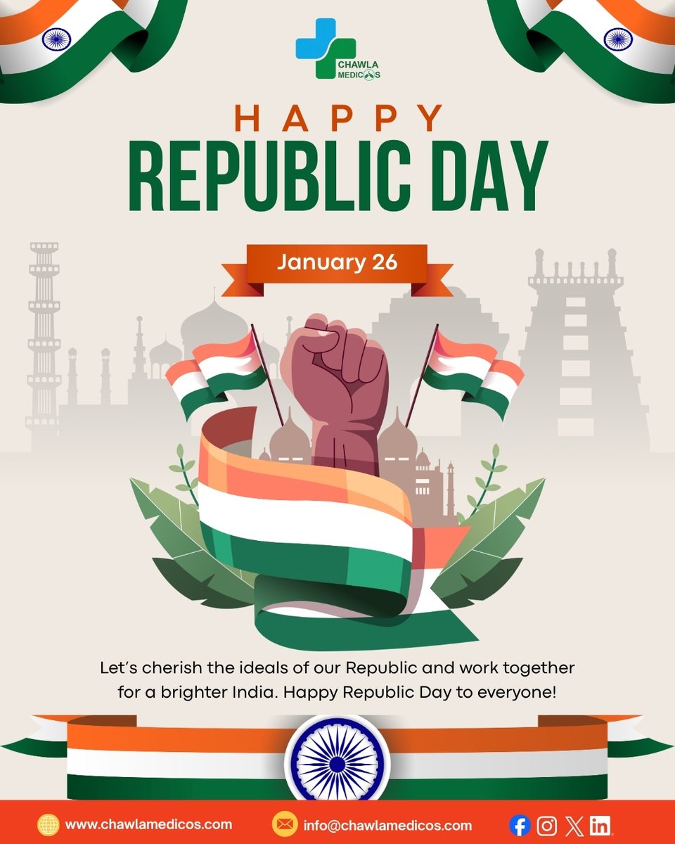 ChawlaMedicos's tweet photo. 🇮🇳💫 Unity • Integrity • Progress
 Wishing everyone a proud and happy Republic Day! 🎊
.
.
📧 Email:- info@chawlamedicos.com
🌐 Website:- https://t.co/xA4O15bUt8
📞 Contact:- +91 99990-98733
.
.

#happyrepublicday #chawlamedicos #medicalcompany https://t.co/kK6WJXsGbQ
