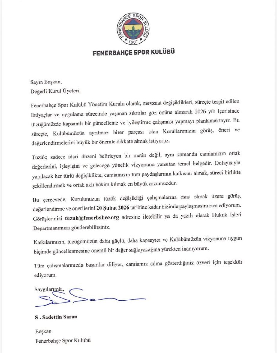 TÜZÜK TADİLATI: 
FENERBAHÇE'ye zarar vermiş insanların FENERBAHÇE de işi 0 la MAZ 

Usulen yanlıştır. Haziran ayında kongre yapacağını söyleyen bir yönetimin Fenerbahçenin Anayasası demek olan bir belgeyi değiştirmeye kalkması doğru değildir....
#Fenerbahce