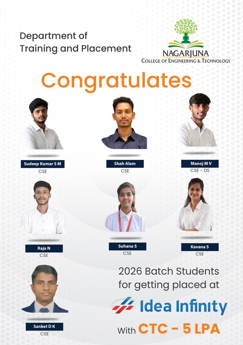 Success at NCET!

Huge congrats to 7 of our 2026 Batch students for getting placed at Idea Infinity with a 5 LPA CTC.

Shoutout to Sudeep, Shah, Manoj, Raja, Suhana, Kavana &amp; Sanket for this achievement!

#NCET #Placements #IdeaInfinity #Engineering