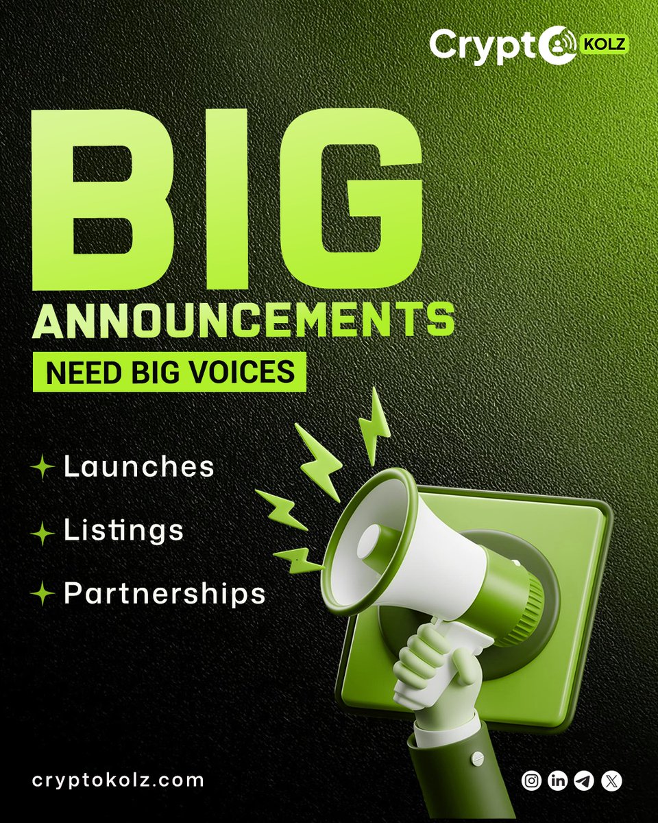 Big announcements deserve bigger reach. 📣 From launches to listings to  partnerships, CryptoKolz amplifies stories that matter. Got news? Let the  right voices hear it. 👉 https://t.co/RQrlIAV9lr #CryptoNews #Web3Marketing  #CryptoLaunch #CryptoPR