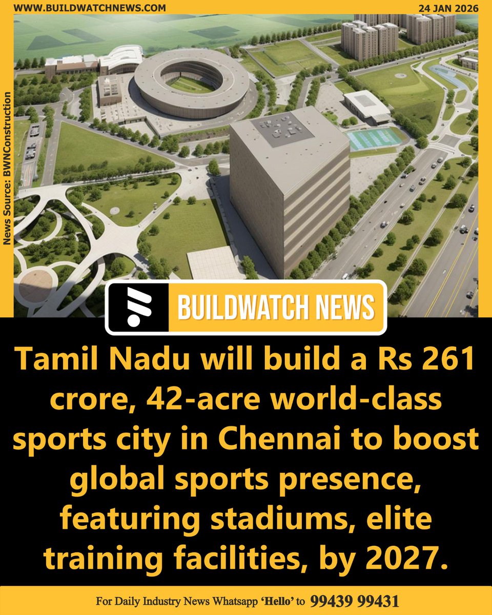 BuildWatchNEWS's tweet photo. Tamil Nadu to build world-class sports city in Chennai

🔗Read more:https://t.co/aww65zQcDm

#TamilNadu #Chennai #SportsCity #UrbanDevelopment #SportsInfrastructure #WorldClassFacilities #CityDevelopment #PublicInvestment https://t.co/uIRAYwOUNF