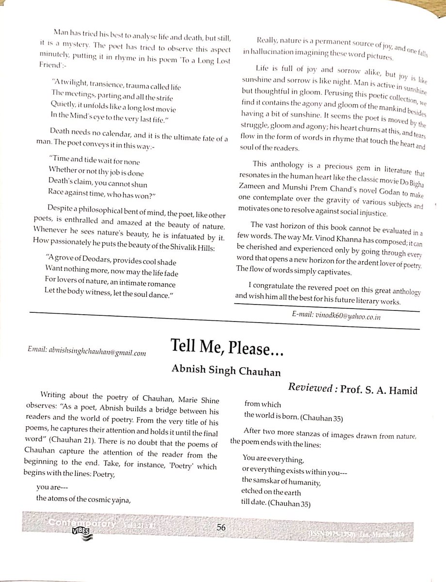 abnishsc's tweet photo. My sincere thanks to Prof. S. A. Hamid for his insightful and generous review of my poetry collection, Tell Me, Please… (published by Authorspress, New Delhi).

(Contemporary Vibes (ISSN 0975-1750), Volume 21, Issue 82, January–March 2026) https://t.co/QQY8Vk1hJ9