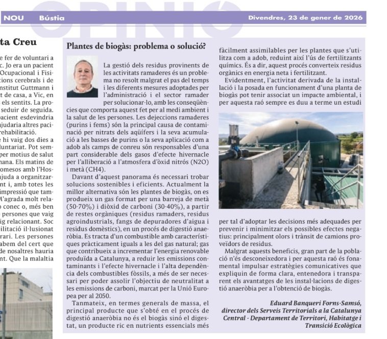 Article molt interessant sobre el biogàs a Catalunya i la seva importància per mitigar el canvi climàtic. Per Eduard Banqueri publicat al <a href="/el9nou/">El 9 Nou</a>