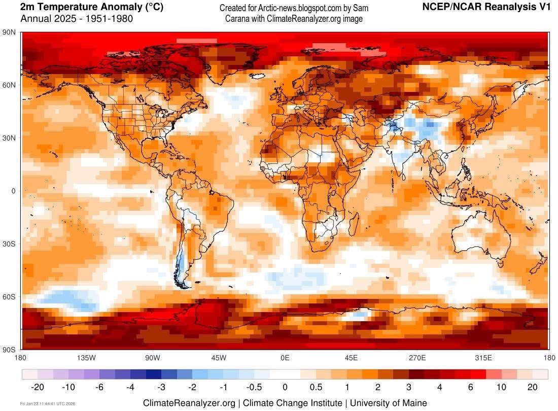 peakaustria's tweet image. This is a world map of average temperature anomalies for the entire year of 2025 compared to a baseline average for 1951-1980. Parts of the Arctic were + 15 degrees C (+ 27 degrees F) above that baseline. Parts of Antarctica were up to + 8 degrees C (+ 14 degrees F) above and…