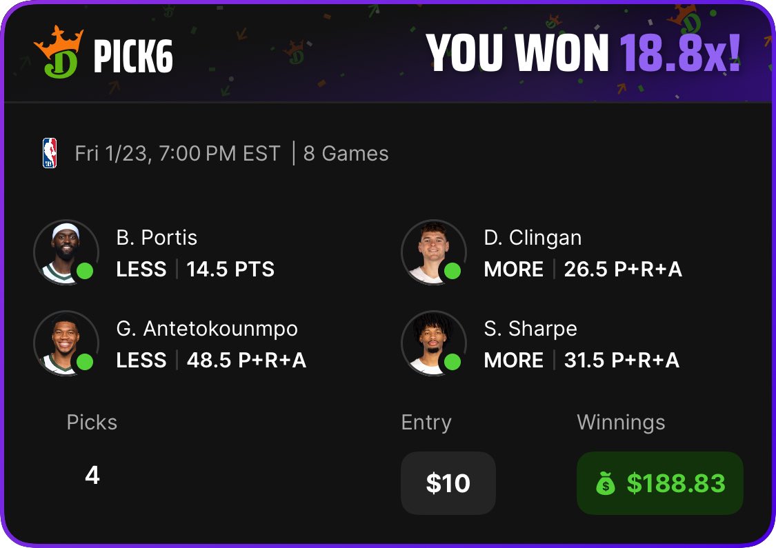 InspectorPga's tweet photo. Check out my WIN on DraftKings Pick6! Just signed up for ⁦@UpsideTools⁩. 3rd slip placed and a nice win. https://t.co/r0mNIZMcbO