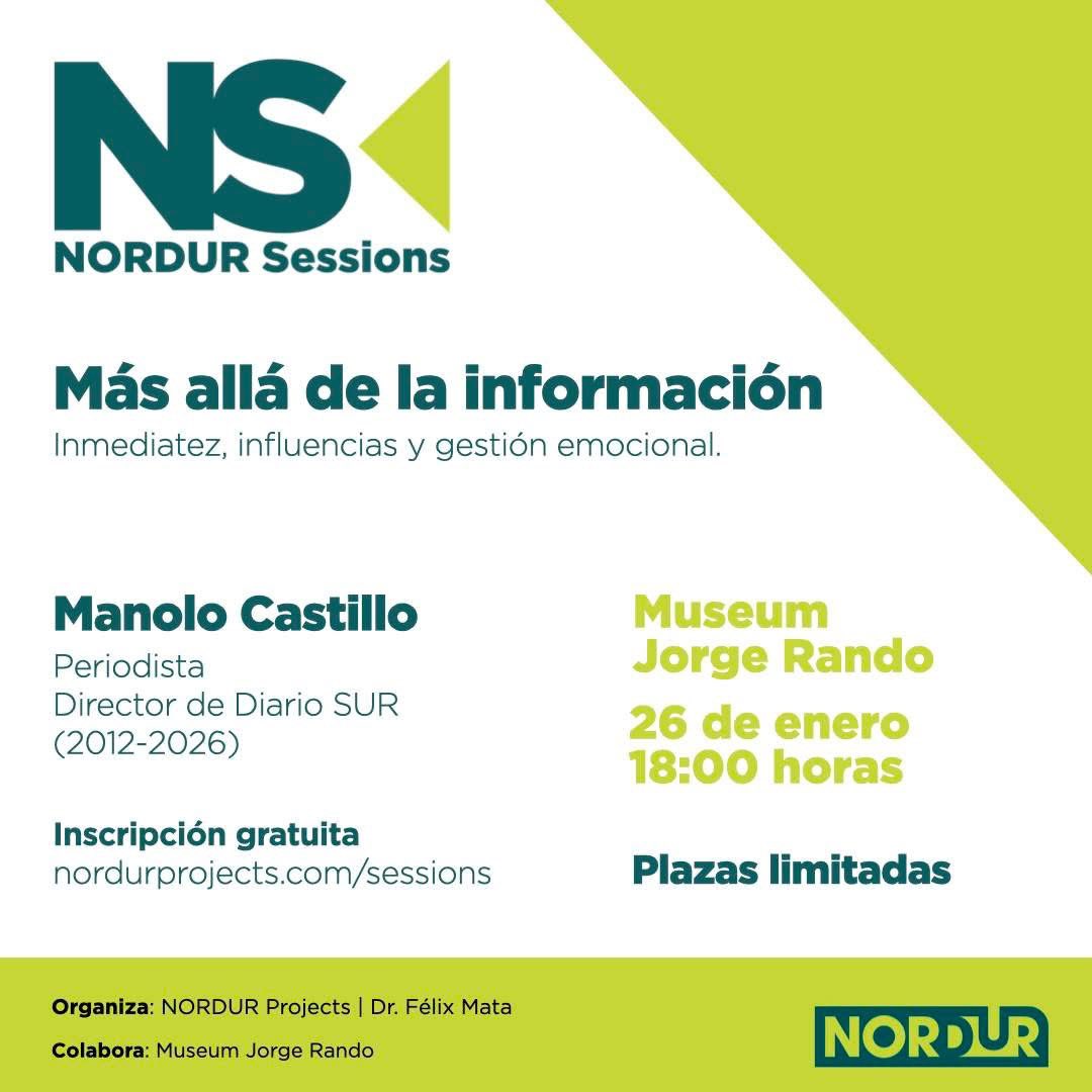 NORDUR Sessions regresa con una nueva sesión dedicada al periodismo, la información y el poder. Manolo Castillo será el protagonista de esta sesión, en la que se abordarán temas como la inmediatez, las influencias y la gestión emocional.
Entrada libre hasta completar aforo.