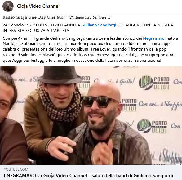 #RadioGioja #Almanacco #Anniversary #NatiOggi #24gennaio: #BuonCompleanno a #GiulianoSangiorgi! Gli #auguri con la nostra #intervista #esclusiva al cantante dei <a href="/Negramaro/">negramaro</a>. #Video a questo #link: facebook.com/GiojaVideoChan… #HappyBirthday #Giuliano #Sangiorgi #Negramaro #Birthday