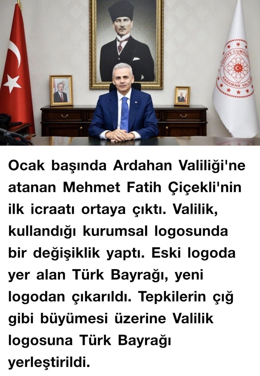 Aynı zamanda ittifak ve iktidar ortağı MHP’nin de valisi oluyor değil mi..? 
Örneğin Atatürk’ü veya bayrağımızı yok sayarak önce bir yoklama yapıyorlar, yeterli tepki gelmez ise karar uygulanıyor, tepki gelince de “Bizi yanlış anladınız, bayrağı da Atatürk’ü de çok seviyoruz”