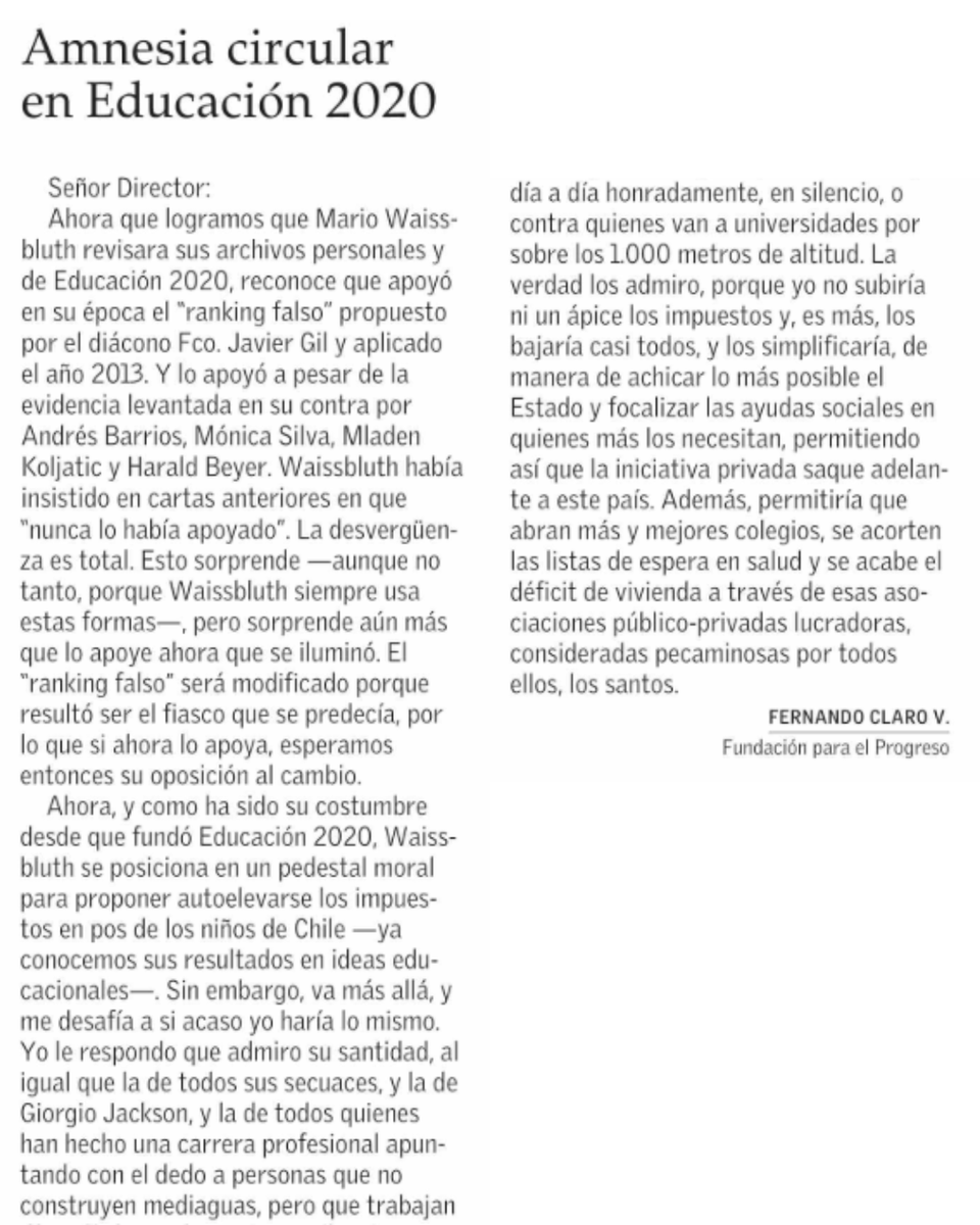 [OPINIÓN] 📰 Lee la carta «Amnesia circular en Educación 2020», por Fernando Claro (<a href="/tucukere/">Fernando Claro</a>), director ejecutivo FPP, publicada en El Mercurio.

👉 Disponible en fppchile.org/amnesia-circul…