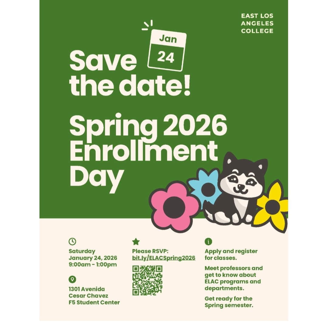 EastLACollege's tweet image. Ready for Spring? Our Spring Semester starts Feb. 9, and our Spring 2026 Enrollment Day today (Saturday, Jan. 24) will help you get ready. You can enroll and register for classes, and you can also meet with counselors. bit.ly/ELACSpring2026 #ELAC #laschools #gomusd #alhambrausd