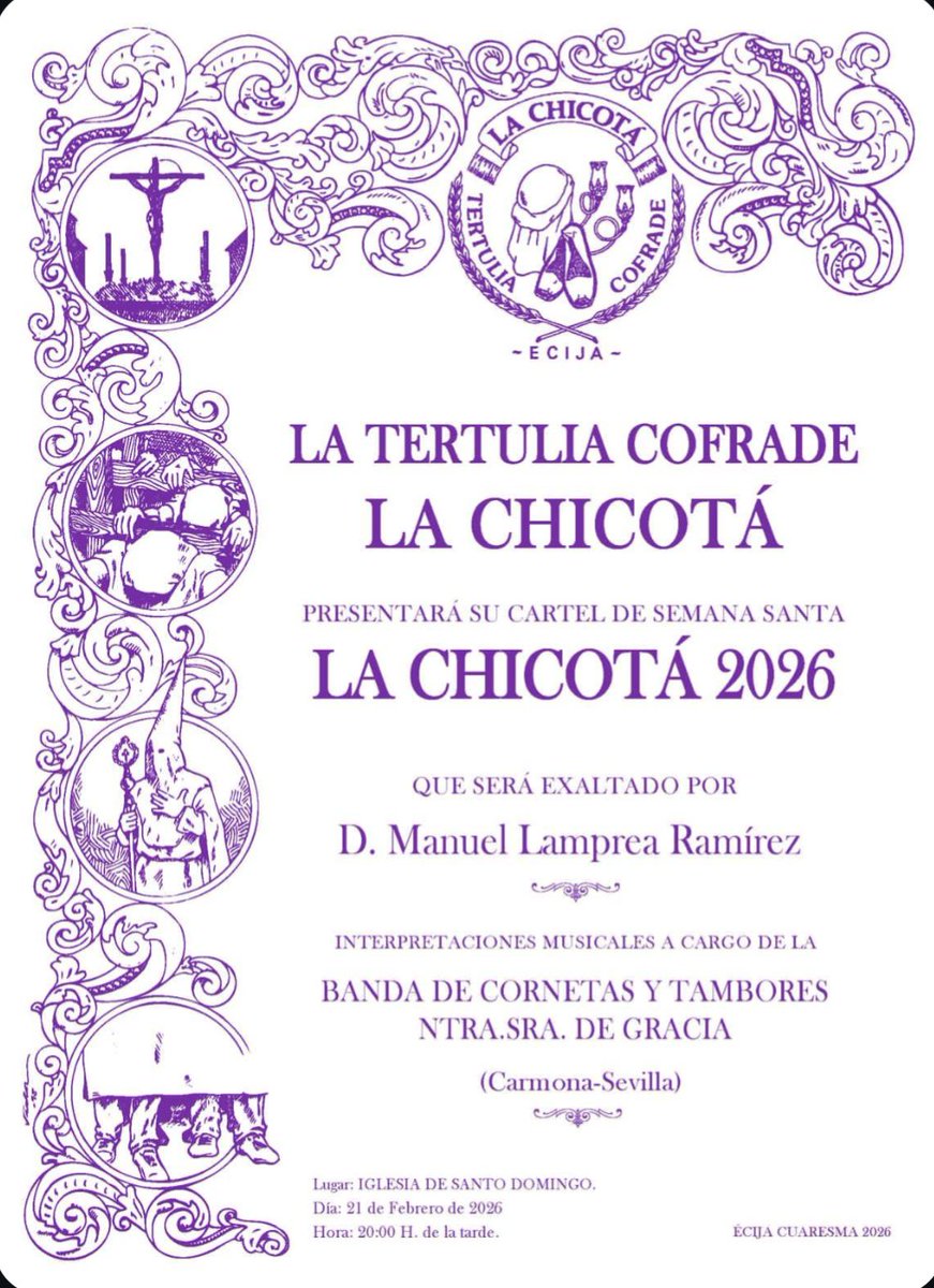 El próximo sábado 21 de febrero acompañaremos a la Tertulia Cofrade <a href="/ChicotaEcija/">La Chicotá</a> en la presentación de su cartel de Semana Santa 2026, dedicado a nuestra Hermandad.
Invitamos a hermanos y fieles a compartir juntos este momento tan especial.
#Écija #ElAmor #ElOlivo #Cuaresma2026