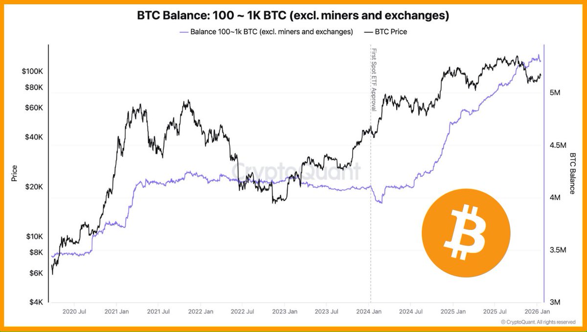 Bitcoin continues to see solid demand from institutions. -> US custody  wallets hold 100-1,000 BTC each -> 577,000 BTC ($53 billion) added over 12  months. If we remove exchanges and miners, it