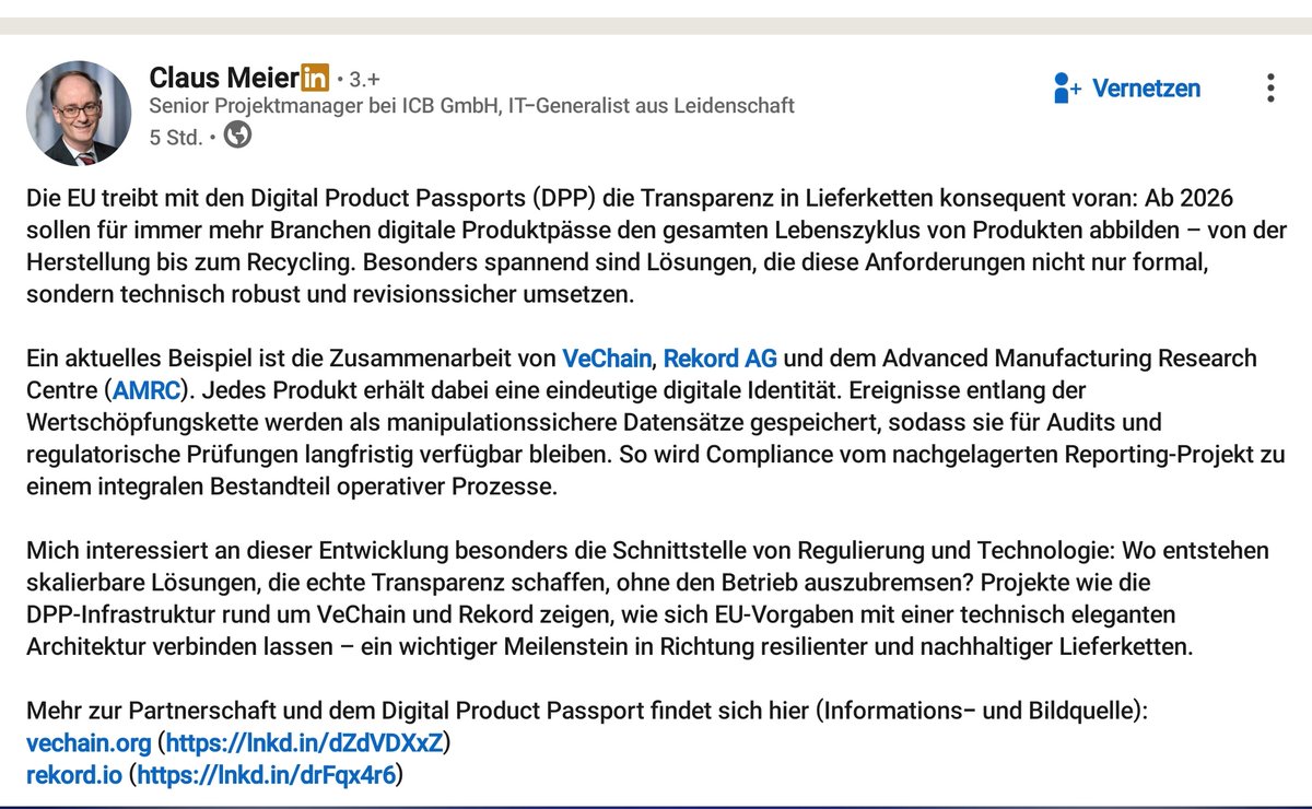 B3TR26's tweet photo. $VET #B3TR #𝕍eChain #𝕍eBetterDAO 
Die EU treibt mit den Digital Product Passports (DPP) die Transparenz in Lieferketten konsequent voran: Ab 2026 sollen für immer mehr Branchen digitale Produktpässe den gesamten Lebenszyklus von Produkten abbilden - von der Herstellung bis zum Recycling. Besonders spannend sind Lösungen, die diese Anforderungen nicht nur formal, sondern technisch robust und revisionssicher umsetzen.

Ein aktuelles Beispiel ist die Zusammenarbeit von VeChain, Rekord AG und dem Advanced Manufacturing Research Centre (AMRC). Jedes Produkt erhält dabei eine eindeutige digitale Identität. Ereignisse entlang der Wertschöpfungskette werden als manipulationssichere Datensätze gespeichert, sodass sie für Audits und regulatorische Prüfungen langfristig verfügbar bleiben. So wird Compliance vom nachgelagerten Reporting-Projekt zu einem integralen Bestandteil operativer Prozesse.

Mich interessiert an dieser Entwicklung besonders die Schnittstelle von Regulierung und Technologie: Wo entstehen skalierbare Lösungen, die echte Transparenz schaffen, ohne den Betrieb auszubremsen? Projekte wie die DPP-Infrastruktur rund um VeChain und Rekord zeigen, wie sich EU-Vorgaben mit einer technisch eleganten Architektur verbinden lassen - ein wichtiger Meilenstein in Richtung resilienter und nachhaltiger Lieferketten.

Mehr zur Partnerschaft und dem Digital Product Passport findet sich hier (Informations- und Bildquelle): https://t.co/9wFoYXMLBc (https://t.co/OPUytei3WH)

https://t.co/N3VKYCVp4x (https://t.co/ALeLmW22PR)