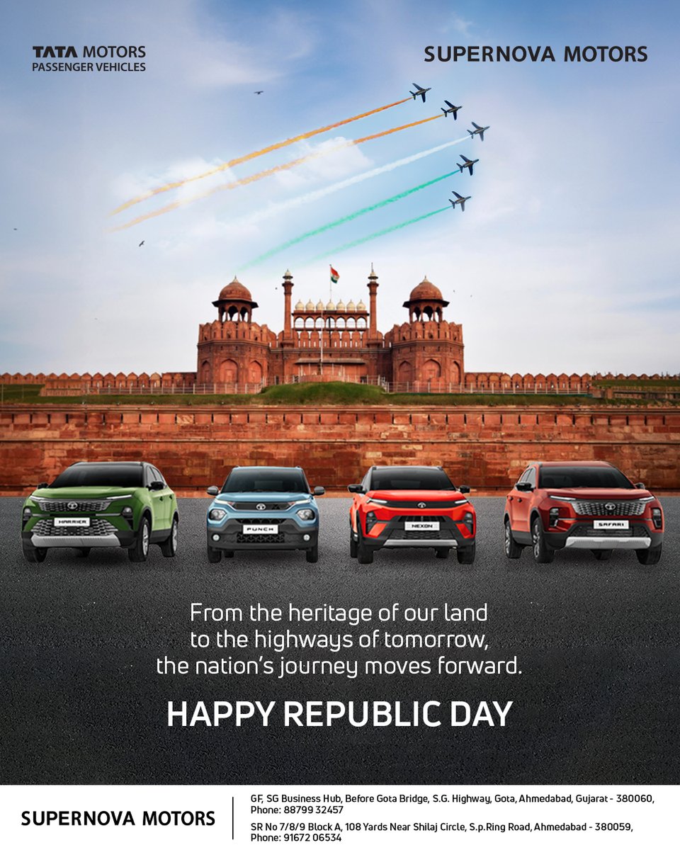SupernovaTata's tweet photo. From the legacy of our nation to the roads of tomorrow, India drives ahead with pride and progress.

Celebrating freedom, innovation, and the unstoppable spirit of India.

Supernova Motors wishes you a Happy Republic Day.

#Supernovamotors #Tatamotorsmoments #HappyRepublicDay https://t.co/SmJB5P6V32