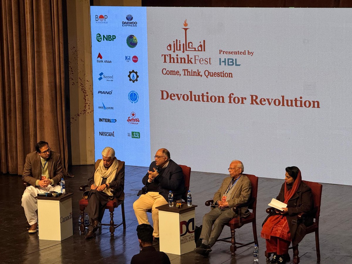 Convener Punjab Local Government Caucus, <a href="/AhmadIqbalCh/">Ahmad Iqbal ۰ احمد اقبال 🇵🇰</a> moderating "Devolution for Revolution" at <a href="/ThinkFestPK/">ThinkFest Pakistan</a> 2026 featuring, <a href="/KhawajaMAsif/">Khawaja M. Asif</a>, Dr Ali Cheema, Dr Ishrat Hussain &amp; <a href="/maryjamesgill/">Mary James Gill</a>