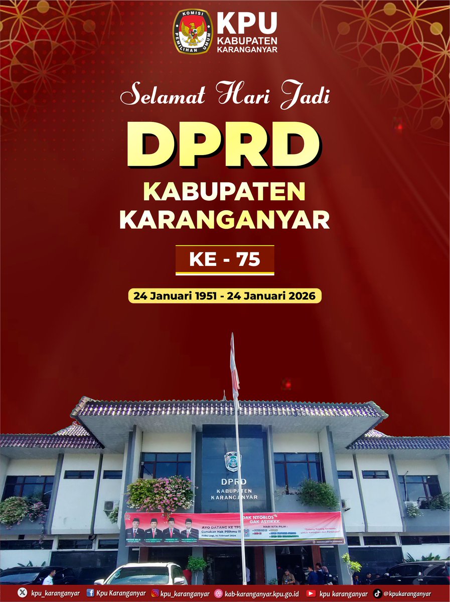#Temanpemilih, KPU Karanganyar mengucapkan selamat hari jadi DPRD Kabupaten Karanganyar ke - 75, (24 Januari 1951 - 24 Januari 2026.

#KPUKaranganyar
#DPRDKaranganyar