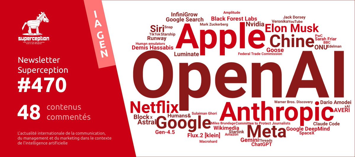 Cette semaine, 48 contenus dans la Newsletter Superception #470, l’analyse complète de l’actu internationale de la #communication, du #management et du #marketing dans le contexte de l’#IA. Pour vous abonner et gagner 15 heures de veille hebdomadaire : superception.fr/newsletter/