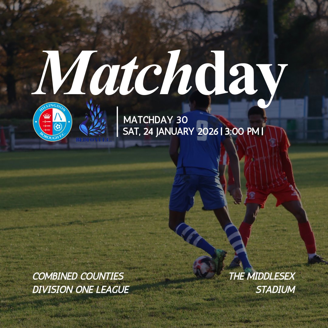 hbfc1872's tweet image. MATCHDAY IN HA4!

🆚 @BedfontFC 
🗓️ Saturday 24th January 2026
🕒 3:00pm
🏆 @ComCoFL Division 1 
🏟️ Middlesex Stadium, Ruislip, HA4
🎟️ Adults £7, Seniors £5, Under 16's £4
