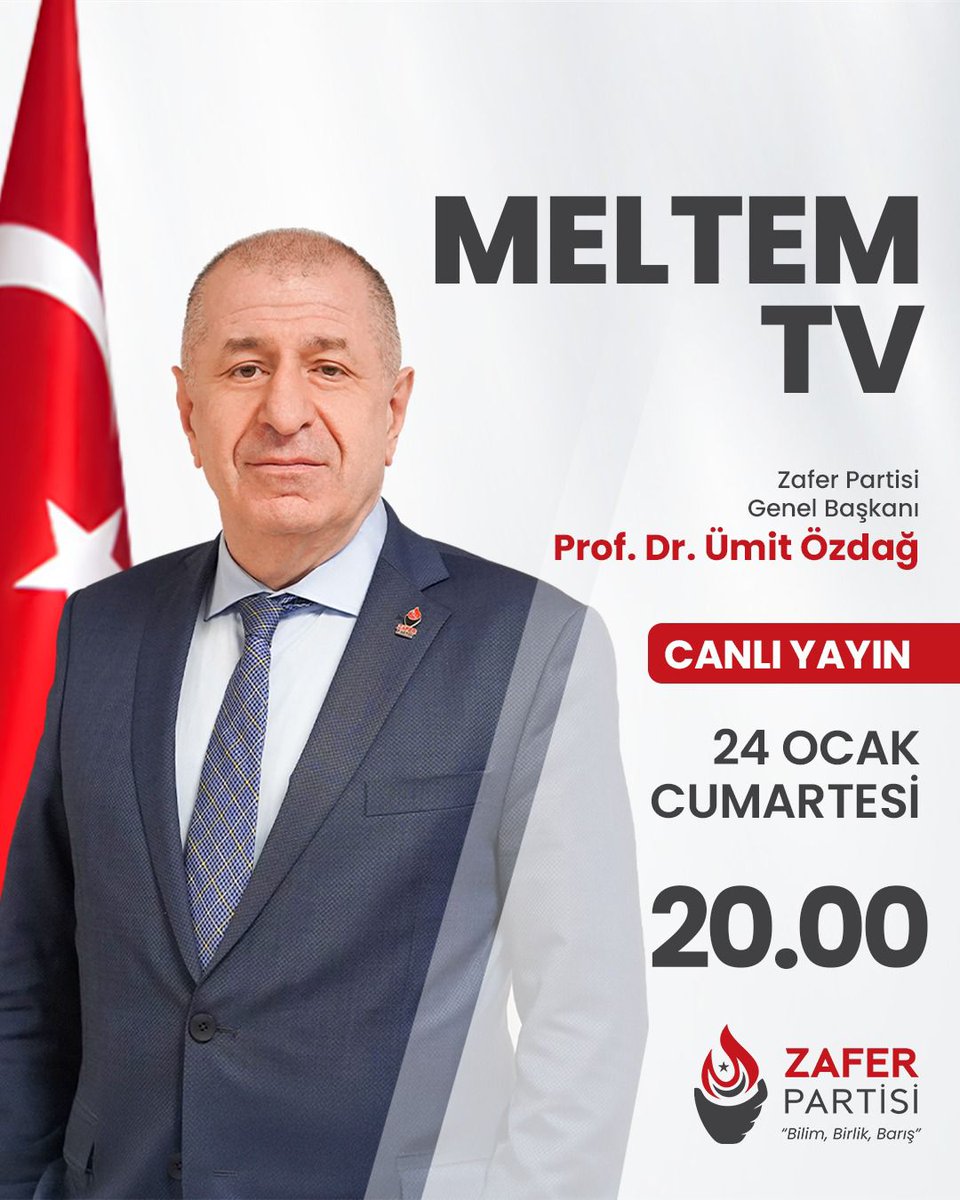 Bu akşam saat 20.00’de Meltem TV’de Çağdaş Bayraktar'ın sunduğu Liderler Özel programının konuğuyum.

Türkiye gündemini, ekonomik buhranı, PKK ile müzakereleri ve bölgemizde yaşanan gelişmeleri değerlendireceğim.

<a href="/zaferpartisi/">Zafer Partisi</a>