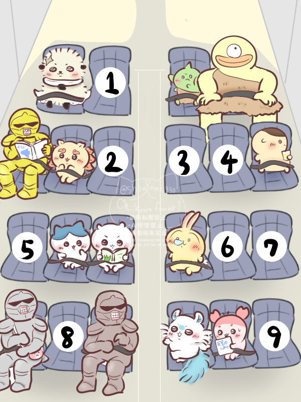 これから8時間のフライト✈️
あなたならどこに座りますか？

#ちいかわ
#ちいかわファンアート
