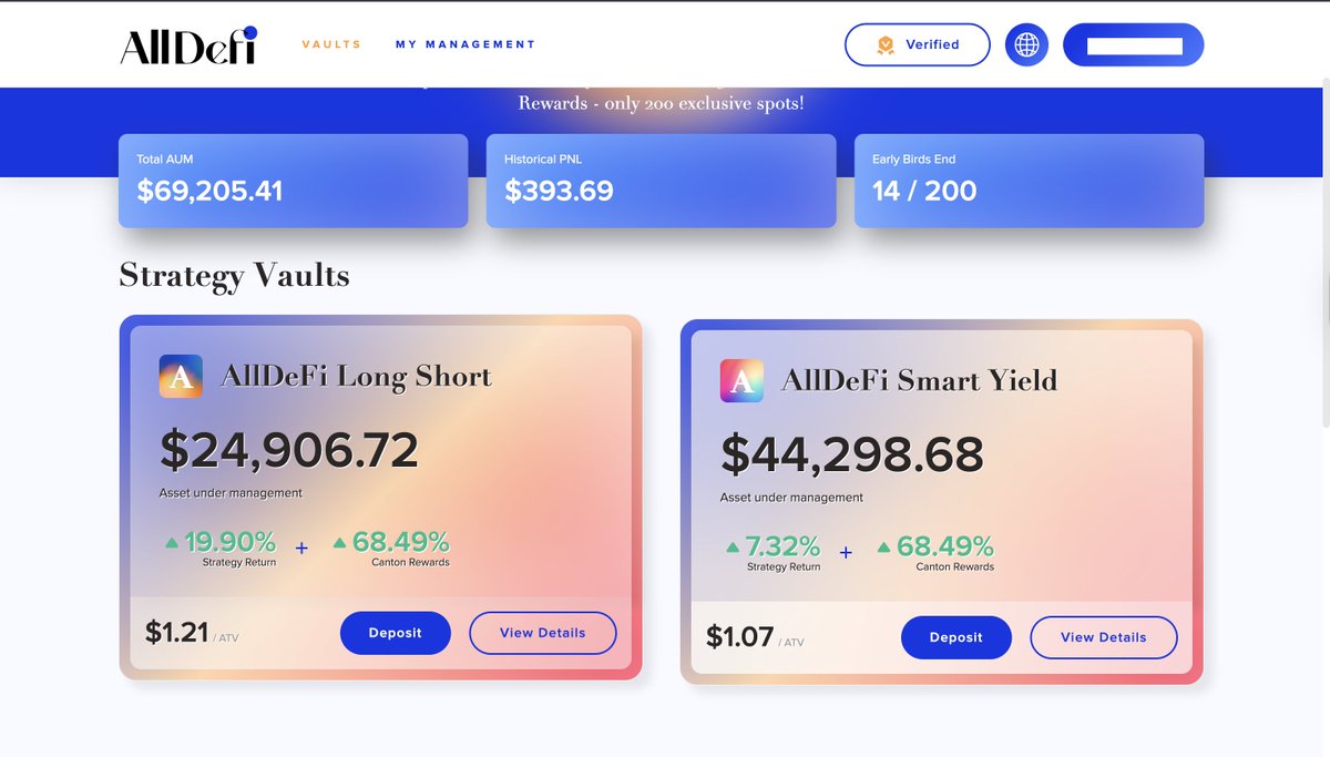 🚀 AllDefi Epoch 1 is LIVE! 🚀

The wait is over. We are bringing massive yields to the table. Enjoy a staggering 68.49% APY in Canton Rewards on top of our strategy returns! 🔥

Choose your path:

📈 Long Short Strategy
Return: 19.90%+ 68.49% Canton Rewards

🛡️ Smart Yield