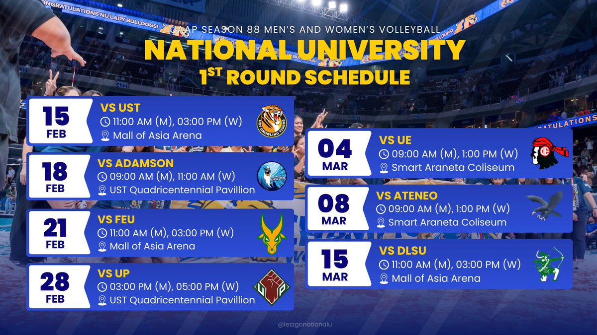 lezzgoNationalU's tweet image. Updated first round schedule of NU Bulldogs and NU Lady Bulldogs this #UAAPSeason88 Volleyball! 

LFG defending champs! 💛💙🐶