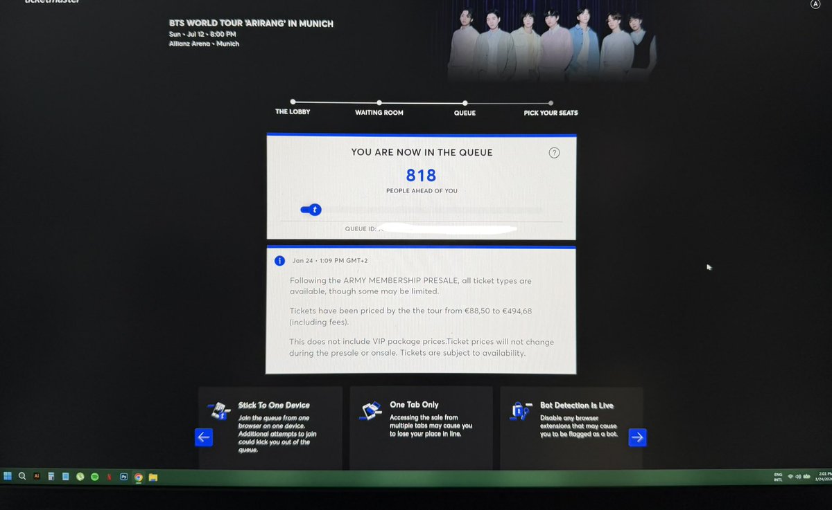 derethings's tweet photo. Munich general sale d2, I got in very fast! Was the same for Brussels and London presales, all in the first 5 min.

I think it's true that TM algorithm favors certain accounts... wth 

Only with Paris, being a different website, I got 80k+ queue no. 

BTS, arirang https://t.co/mN31GTgzSF