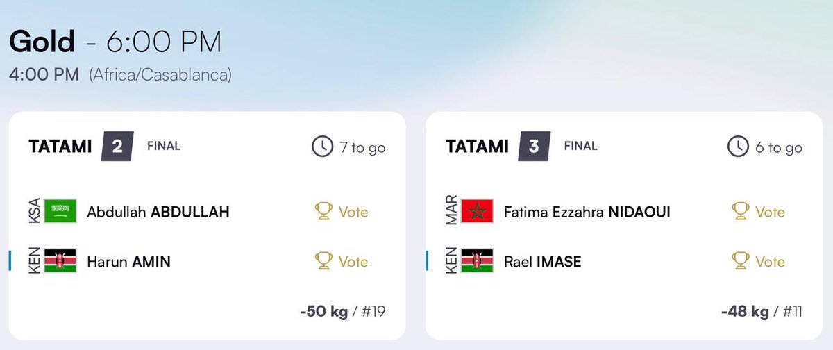 This is how the finals look like.

Both Rael Kulova and Harun Amin qualified for the finals.

We are painting the flag of Kenya across the continent,
Bring this home guys ❤️🇰🇪🥋