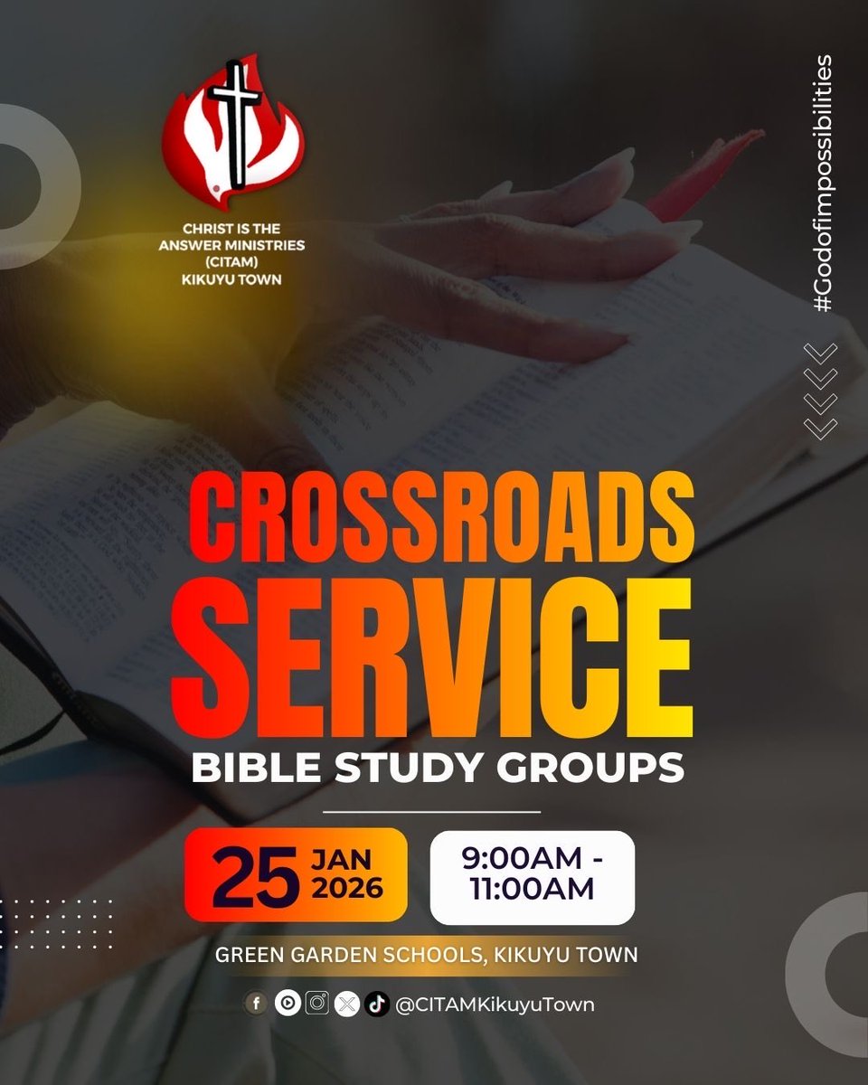 New here or been around? There’s a place for you at the Crossroads Service 🤍Join us this Sunday at 9am for Bible study ✨
#CitamKikuyuTownChurch #GodOfImpossibilities #prayerandfasting