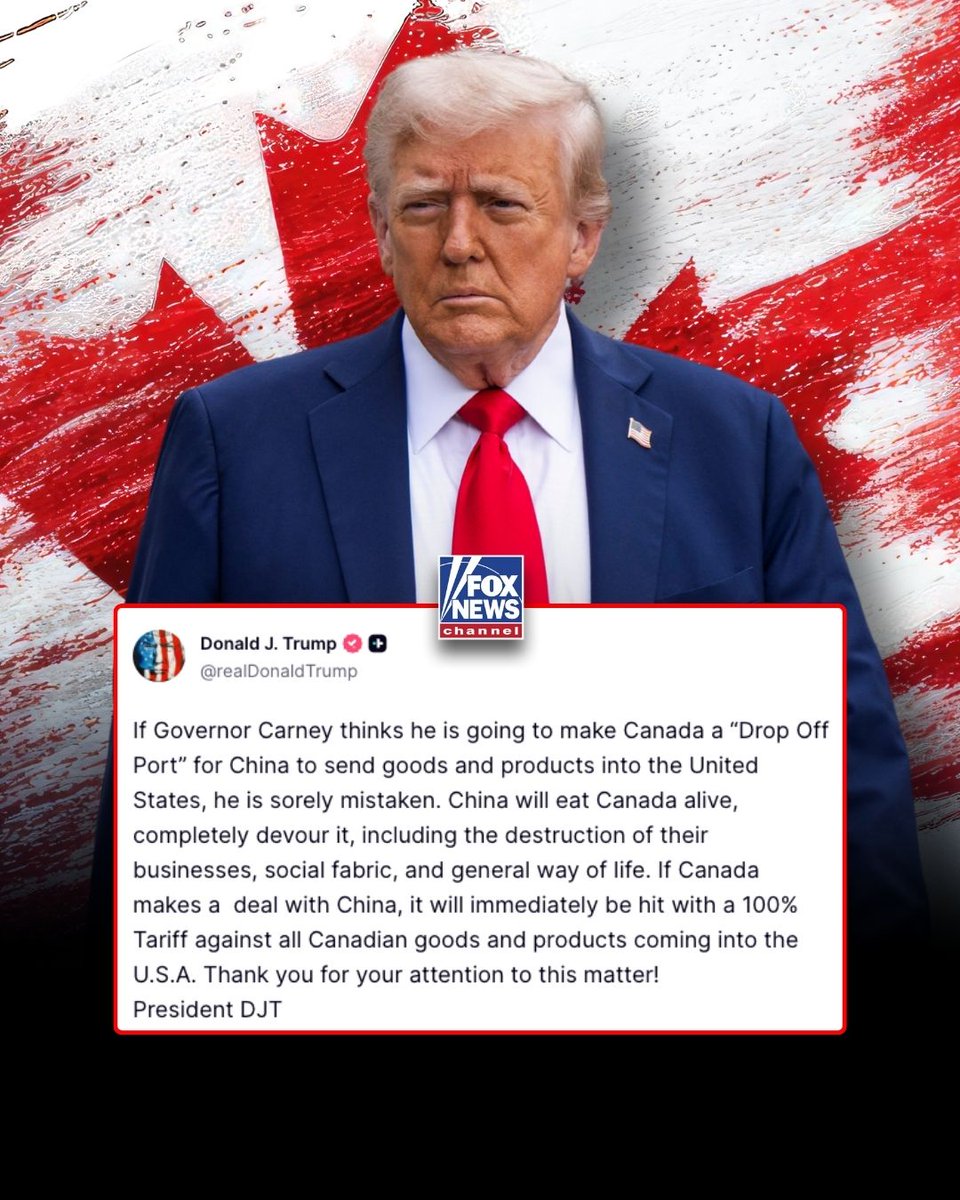FoxNews's tweet image. NORTHERN EXPOSURE: President Trump warns Canada that any trade deal with China would lead to an end of their “general way of life,” while threatening to impose 100% tariffs on all Canadian products if a China-Canada trade deal happens.