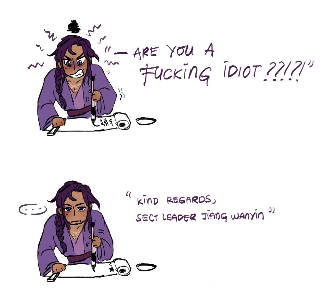 wanyinchen's tweet photo. For Jiang Cheng, the hardest thing about being a sect leader is self-restraint and dealing with some of your idiotic peers. #MDZS #jiangcheng #xicheng https://t.co/J1fyUAxnkW