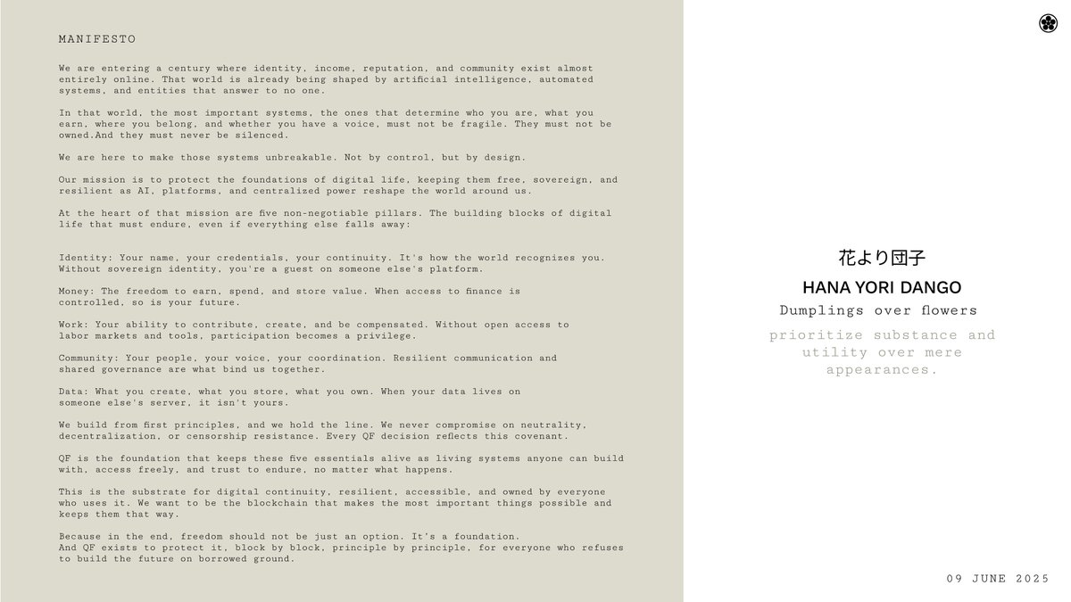 theqfnetwork's tweet image. Three days until Mainnet.

Before code goes live, it’s worth revisiting why we’re building this at all.

Over the past six months, rising geopolitical tensions have only made one thing clearer.
The systems that shape identity, money, work, community, and data are no longer…