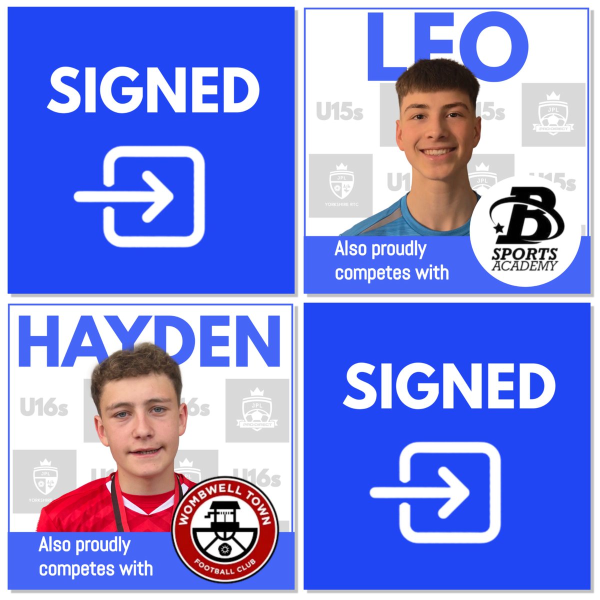 Yorkshire_RTC's tweet photo. THROUGH THE DOOR 👉

WELL DONE to U15s Leo and U16s Hayden.

It's great to have you on board lads, proudly representing BSA JFC and Wombwell Town FC here at YORKSHIRE RTC, as you play in the JUNIOR PREMIER LEAGUE on Saturdays.👍⚽

WE'RE VERY PROUD OF YOU👊 https://t.co/FVTqVdiDtY