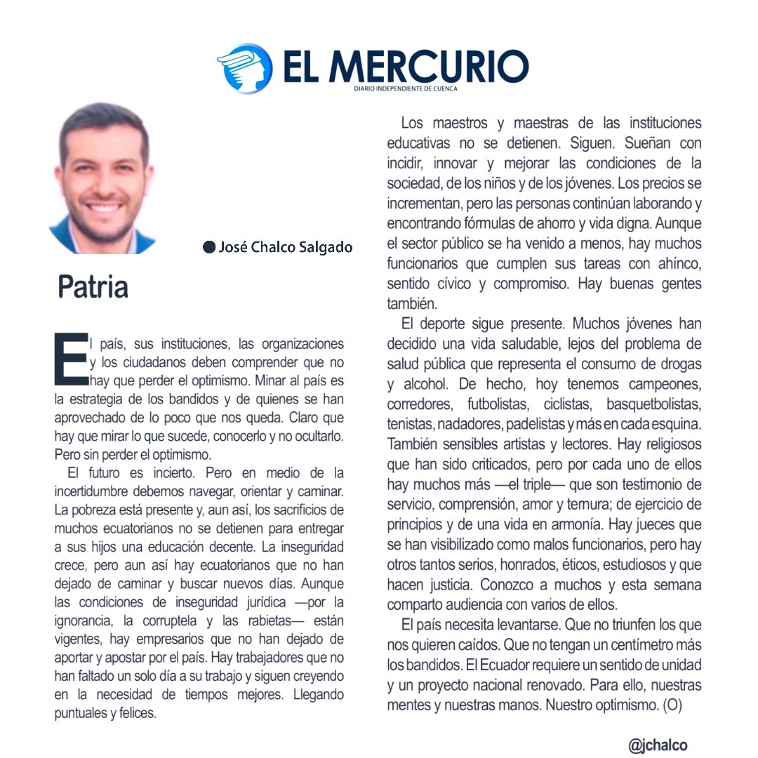 jchalco's tweet photo. La patria se sostiene en ciudadanos decentes cuando las instituciones fallan👉🏻Ahí está la esperanza🇪🇨 👉🏻No se puede perder el optimismo☀️Un proyecto nacional renovado✅ Que no triunfen lo que nos quieren caídos. https://t.co/DunV3mwgxb
