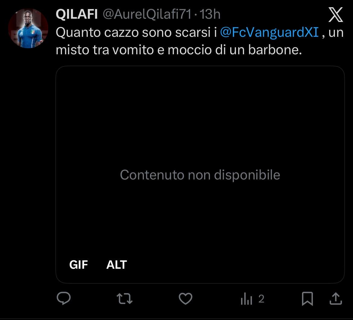 come capitano dei <a href="/FcVanguardXI/">Vanguard XI</a> e da parte di tutta la nostra squadra mandiamo delle sentite condoglianze a questo frustrato che non ha di meglio da fare nella vita l’unica cosa sarebbe meglio che il nome della nostra squadra te lo togliessi da quella bocca <a href="/AurelQilafi71/">QILAFI</a> grazie