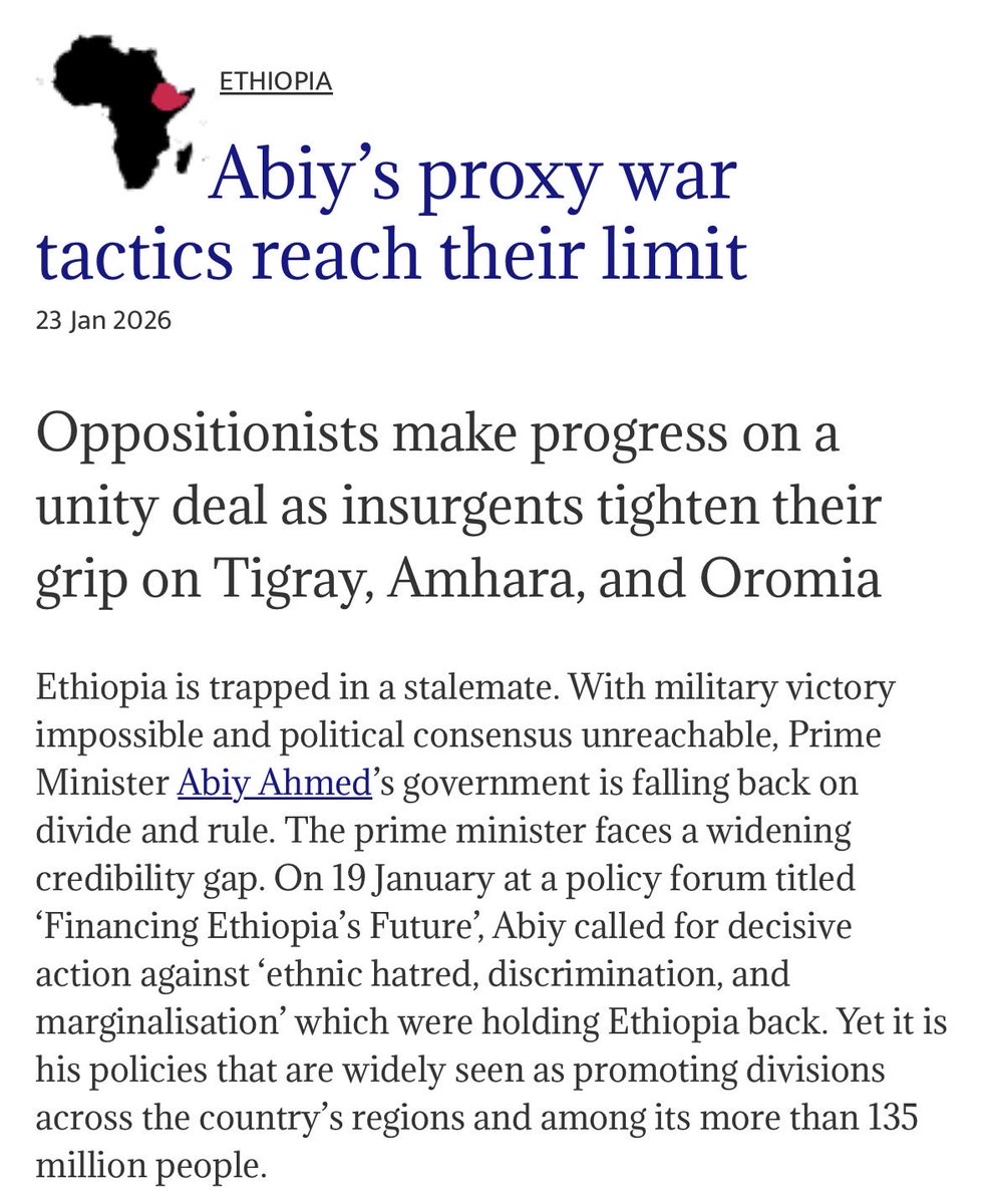 tewerwari_1's tweet photo. #Africa Confidential has delivered one of the most vivid and compelling article on #Ethiopia. 

“…..Ethiopia is trapped in a stalemate. With military victory impossible and political consensus unreachable, Prime Minister Abiy Ahmed’s government is falling back on divide and rule…”
@StateDept @EU_Commission @UN @antonioguterres @WhiteHouse