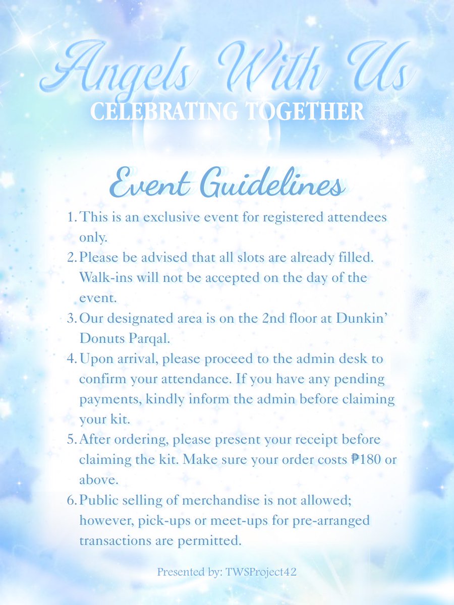 twsproject42's tweet photo. We’re all excited to see you tomorrow to celebrate TWS’s second anniversary and Hanyudoz’s birthdays!
Here are some guidelines to ensure a smooth event!
🗓️ January 25, 2026 (1-4 PM)
📍 Dunkin Parqal Mall
#AngelsWithUs https://t.co/nxXnN0JkUR