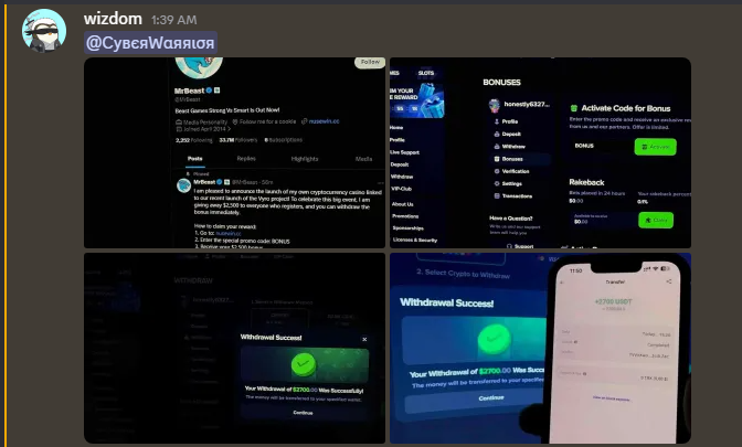 Cyber_Warriorr's tweet photo. 🚨 New scam alert 🚨

There’s a new scam going around where ppl share fake screenshots on Discord along with a scam link, pretending that @MrBeast posted it;

which he absolutely did NOT

Using famous and trusted people to scam others seems to be the new meta

Stay safe, and never trust random links or messages from strangers