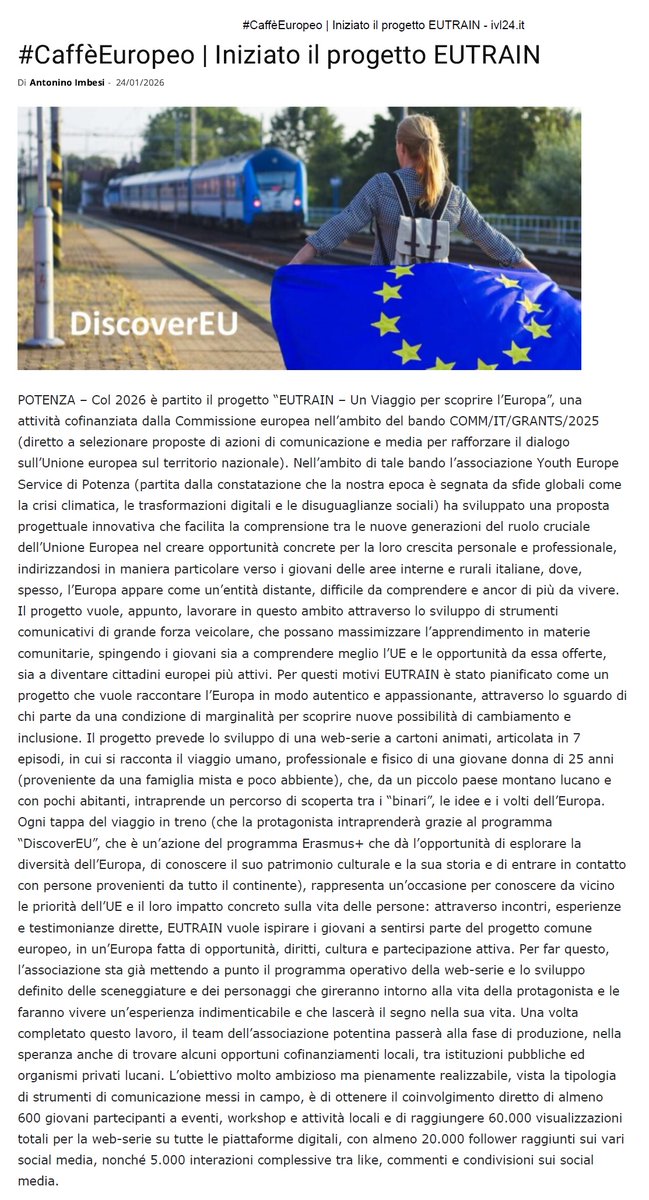 EUROPEDIRECTBAS's tweet image. Oggi 24/01/2026, nuova rubrica di "Caffè Europeo", curata dal Centro #EuropeDirectBasilicata in particolare per la parte Sud della Basilicata grazie alla collaborazione con #ivl24.Parliamo dei primi step del progetto “EUTRAIN – Un Viaggio per scoprire l’Europa” #EUTrain #EUfunded