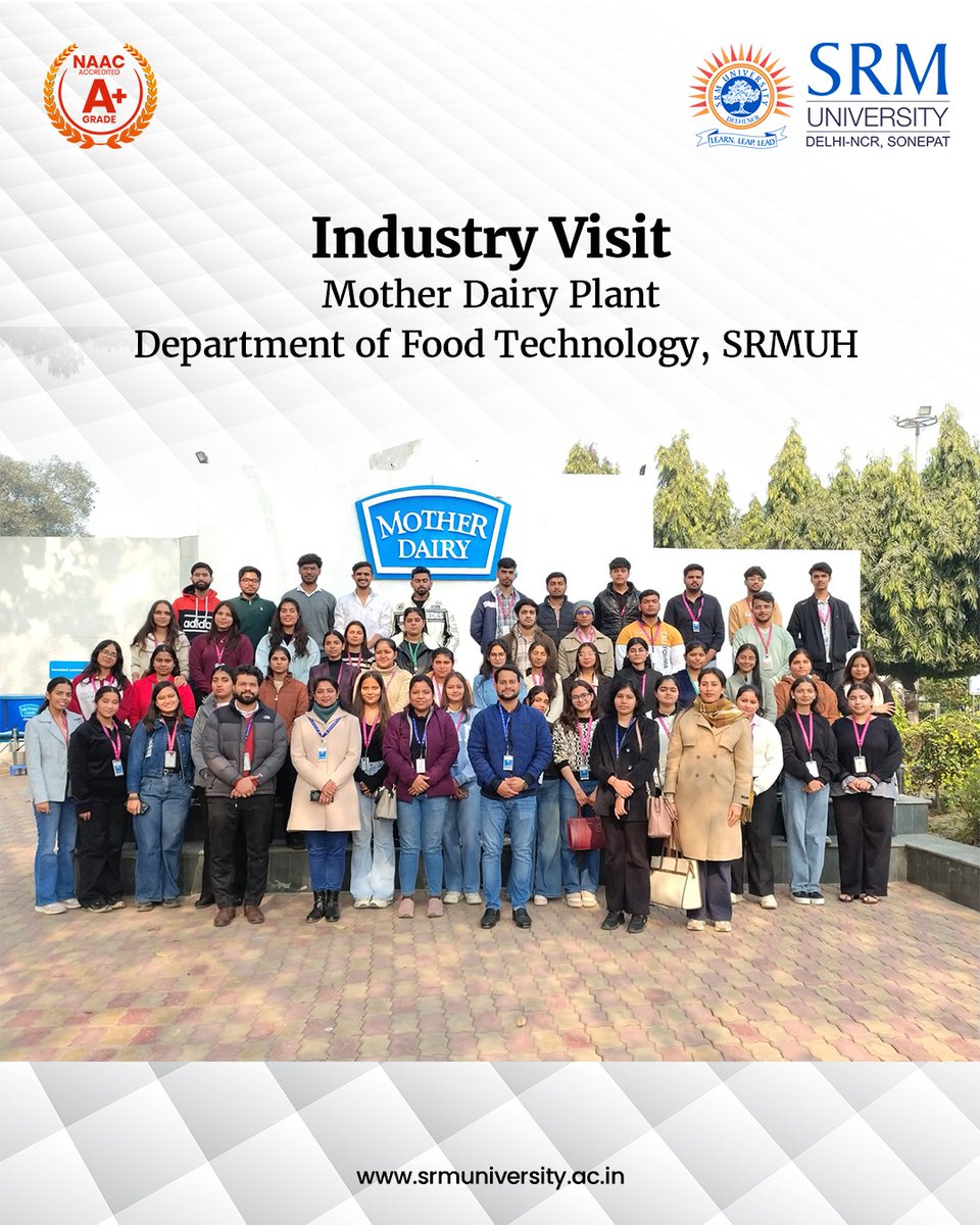 SRMH_University's tweet image. SRM University Delhi-NCR, Sonepat blends classroom learning with real-world exposure.
Food Technology students gained hands-on insights into food processing &amp;amp; quality standards during an industry visit to the Mother Dairy Plant.

#SRM #IndustryVisit #MotherDairy #FoodTechnology