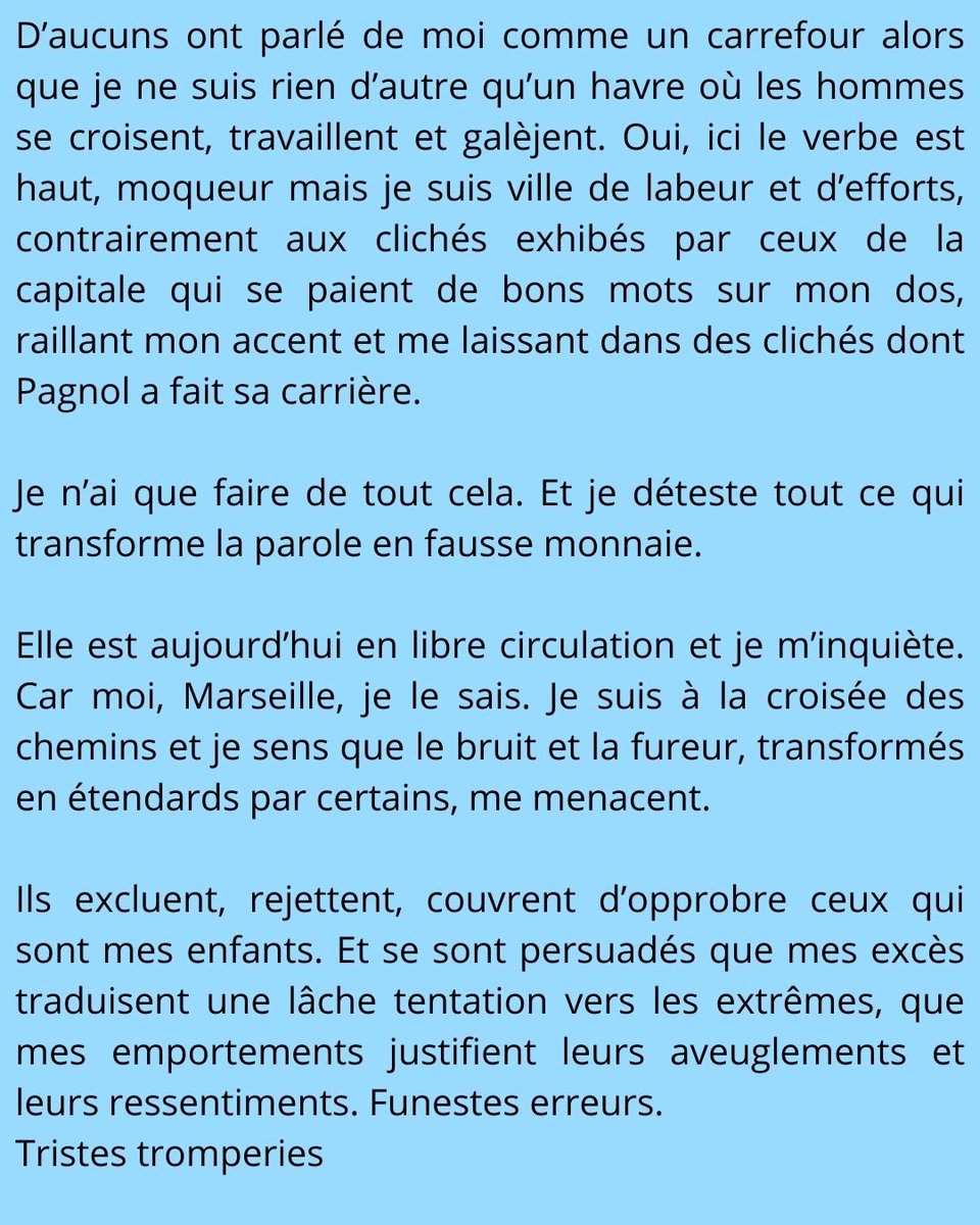 Il faut être démocrate, républicain, courageux.
 
C’est avec ces mots que je veux écrire la suite de mon histoire, c’est ce sillage qu’il faut suivre.

Moi Marseille 
<a href="/lamarsweb/">La Marseillaise</a>