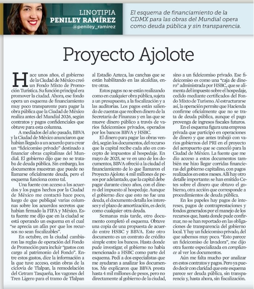 ¿Cómo ven? 

Lo que están ocultando.

El gobierno de la CDMX ya se endeudó para el Mundial de Fútbol.

"El esquema de financiamiento de la CDMX para las obras del Mundial opera como deuda pública y sin transparencia."

Lean a Peniley Ramírez 

👇