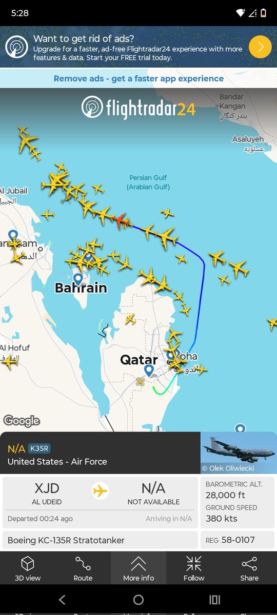 Chaistrategy's tweet photo. US Air Force KC-135R strato tanker took off from Al Udied at 1205 pm GMT and heading towards North West over Persian Gulf #middleeast #USATTACK #usattackiran 
Live monitoring https://t.co/9dzqlY2mlM https://t.co/0Cl0o6M5zQ