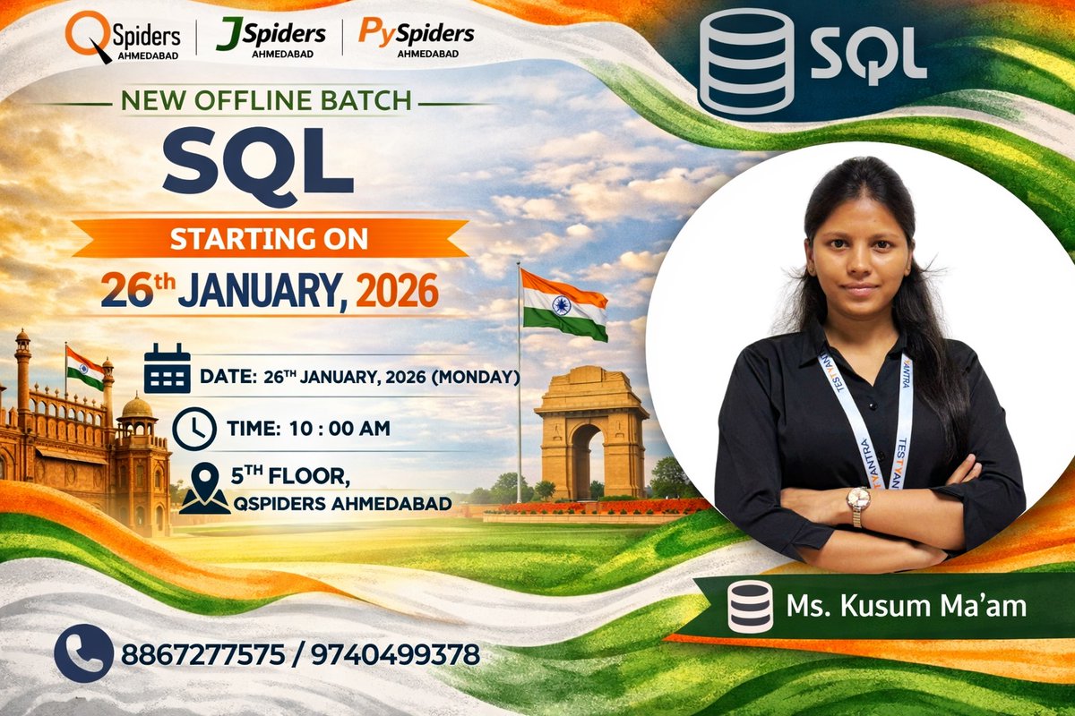 QspAhmedabad's tweet photo. 🚀 New Batch Alert! 🚀
New SQL batch is starting soon by Ms. Kusum Ma’am!
Only for new joiners!
Master database concepts from the best and boost your technical confidence! 💪
#QSpidersAhmedabad #SQLTraining #NewBatch #DatabaseLearning https://t.co/QPad3w8EBP