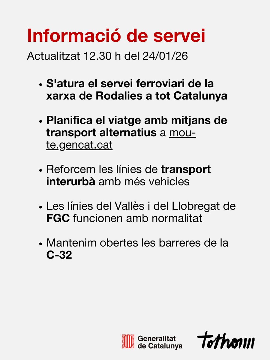 ⚠ S’atura el servei de Rodalies i regionals fins a la plena operativitat.
👉 Renfe mantindrà gratuïtat en la represa del servei fins que es recuperi la normalitat.
✅ Des del Govern volem garantir la seguretat i la mobilitat de la ciutadania.