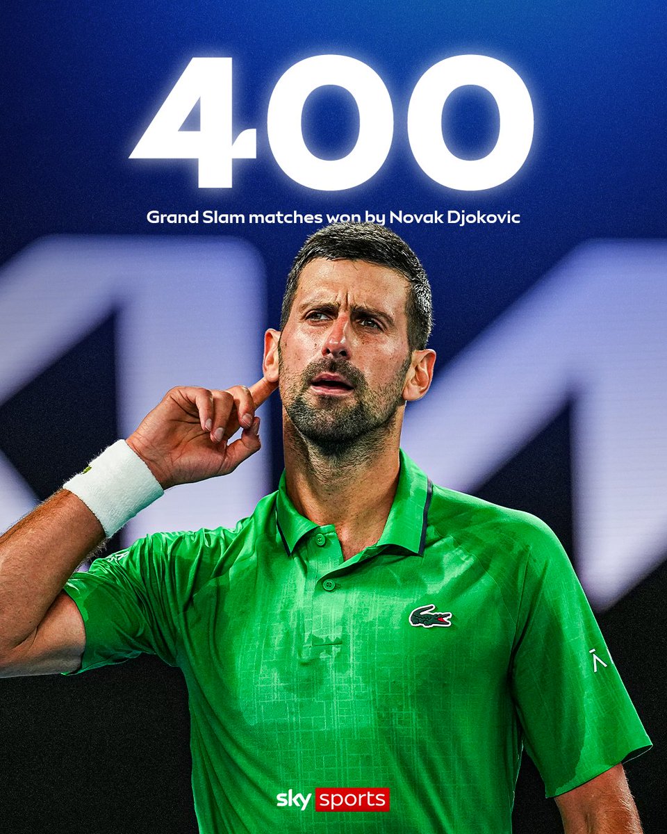 SkySports's tweet photo. History made again as Novak Djokovic becomes the first player, male or female, to win 400 singles matches in Grand Slam events in the Open Era 😮‍💨🐐 https://t.co/9ugFBzTDEE